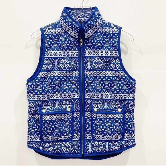 J. Crew Fair Isle Down Excursion Quilted Puffer Vest Blue Medium Petite - Picture 1 of 8